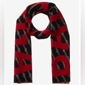BALENCIAGA All-Over Logo Wool Scarf Black Red 205cm LIKE NEW